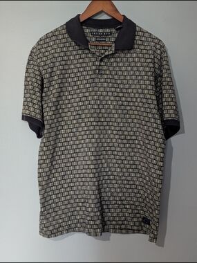 Cotton Reel Vintage‎ Men's Black and Cream Grid Polo 90s Dadcore Grandpa Style